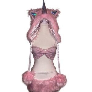 Pink Furry Unicorn Hood with Ears and matching skirt 2 pc set